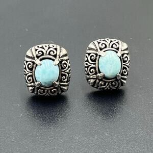 MARAHLAGO Signed Sterling silver Oval Larimar Cabochon‎ Filigree Stud Earrings